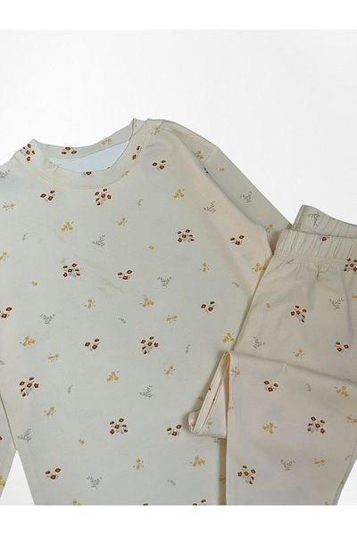 Pajama Shop Girl's 100% Cotton Fabric Beige Color Flower Patterned Long Sleeve Winter Pajama Set