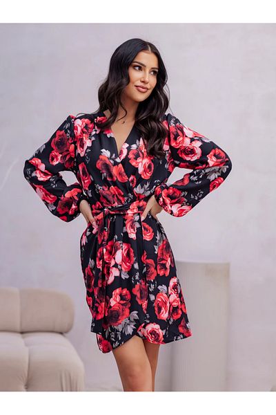 UniqueStore.ro Short Dress With Red Floral Print And Drawstring Waist