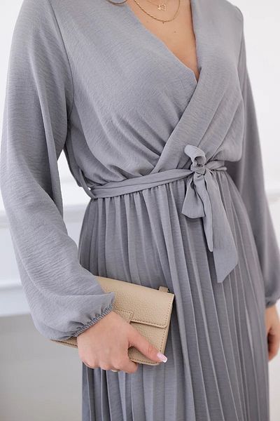 UniqueStore.ro Grey Pleated Midi Dress With Drawstring Waist - One Size