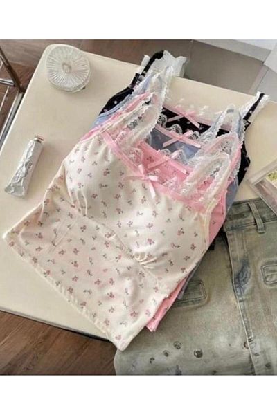 Wisevelya White Lace Strap Crop with Pink Flowers