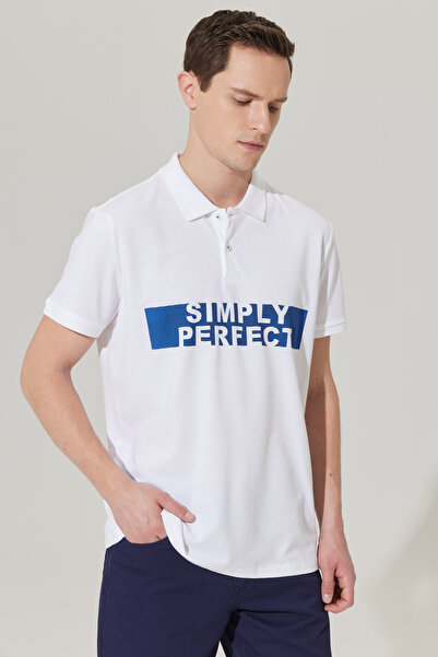 AC&Co / Altınyıldız Classics Men's White Standard Fit Regular Cut Polo Neck 100% Cotton Slogan Printed T-Shirt