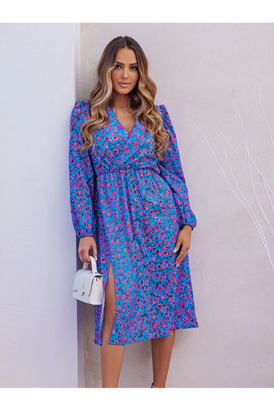 UniqueStore.ro Rochie Midi Albastră Cu Imprimeu Floral Și Crăpătură Laterală