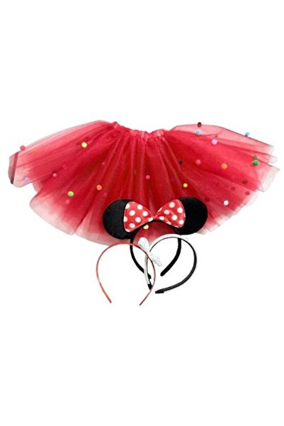 OEM Set fustita tulle, rosu cu bilute pom-pom si 3 coronite