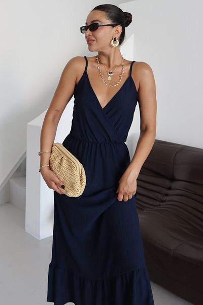 MODAGEN Women's Navy Blue Strappy Double Breasted Maxi Length Crinkle Dress