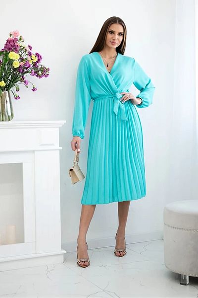 UniqueStore.ro Turquoise Pleated Midi Dress With Drawstring Waist - One Size