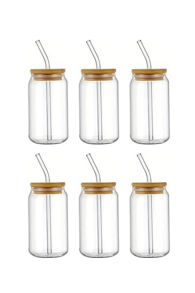 Bisbell 6pcs Glass Mason Jars,Drinking Glass with Bamboo Lids and Glass Straw- Glass Tumbler,500ml