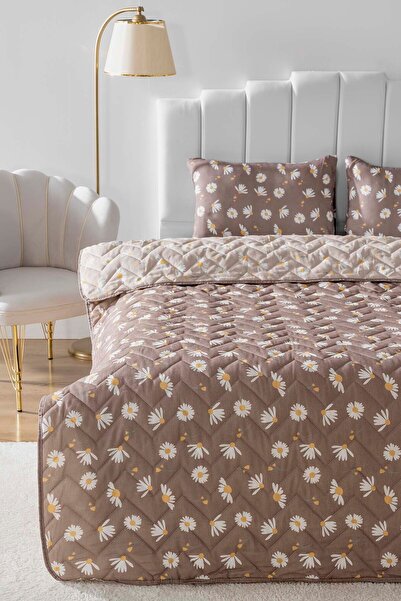 Rivaİstanbul Kahve Papatyalı Tek Kişilik Pamuklu Kapitone Pike & Çok Amaçlı Y...