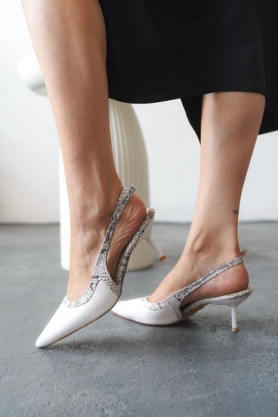Lizzu Women's Open Back Snake Patterned Short Heeled Shoes White Skin