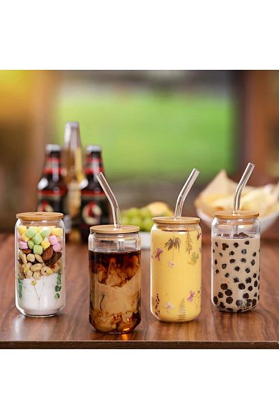 Bisbell 3pcs Glass Mason Jars,Drinking Glass with Bamboo Lids and Glass Straw- Glass Tumbler,500ml