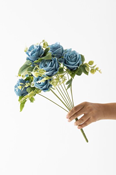 Güleç Yapay Çiçek Yapay Aranjmanlı Gül Demeti 9 Dallı Mavi