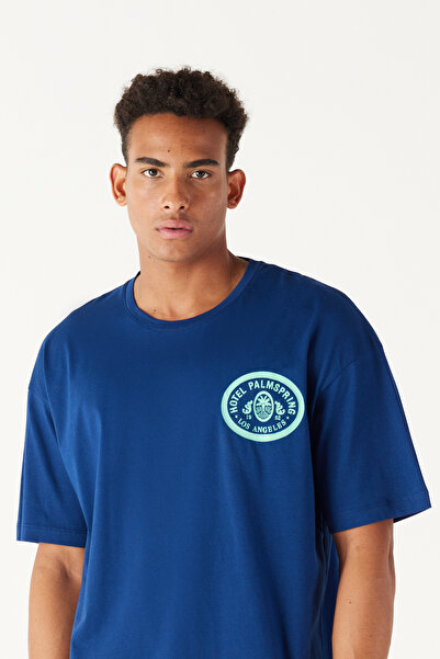 AC&Co / Altınyıldız Classics Ανδρικό μπλουζάκι Navy Blue Oversize Loose Cut Crew Neck 100% βαμβακερό εμπριμέ μπλουζάκι