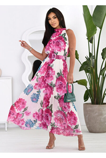UniqueStore.ro Μακρύ φόρεμα με ροζ φλοράλ τύπωμα και ζώνη - Ένα μέγεθος