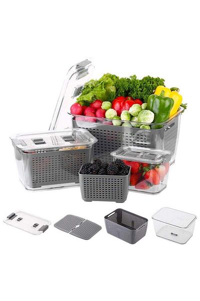 COOYA Refrigerator Organizer, with Lids and Drain Basket, Reusable Freezer Food Storage Boxes ,Grey