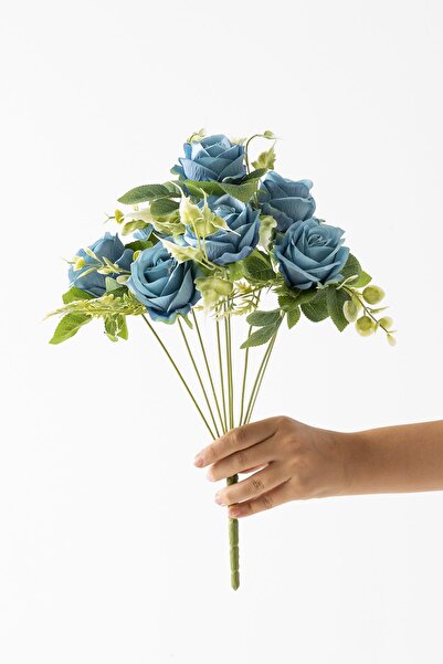 Güleç Yapay Çiçek Yapay Aranjmanlı Gül Demeti 9 Dallı Mavi