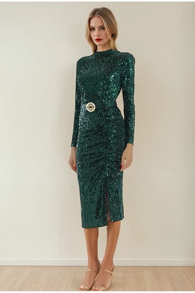 UniqueStore.ro Kamala Green Dress, With Sequins And Decorative Belt