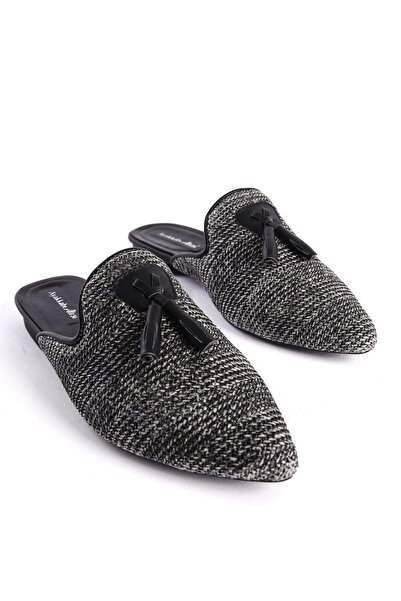 Lizzu Women's Beige Straw Pointed Toe Slippers Tona Black