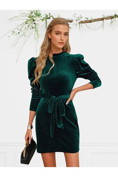 UniqueStore.ro Elegant Green Dress With Puffed Shoulders
