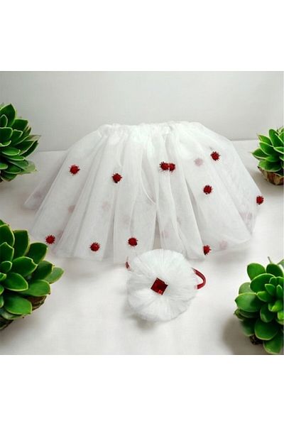 OEM White Tulle Skirt with Red Beads and Flower Crown, 116 CM, for Girls