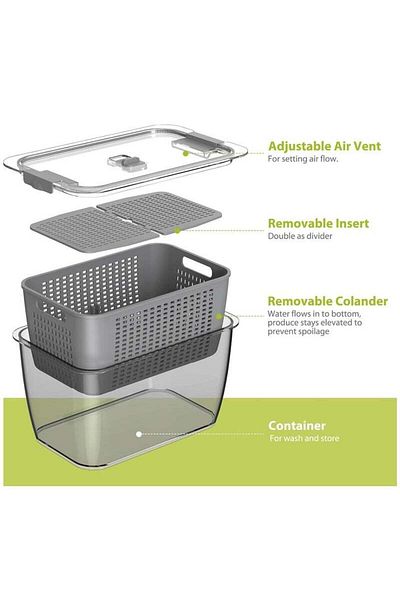 COOYA Refrigerator Organizer, with Lids and Drain Basket, Reusable Freezer Food Storage Boxes ,Grey