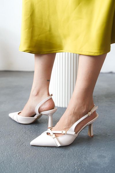 Lizzu Women's Double Strap Buckle Design Heeled Shoes Conna Beige