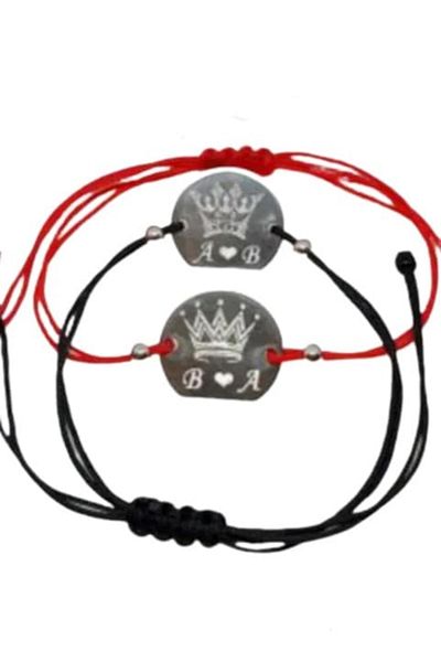 dalimag Set of 2 bracelets in black and red customized with initials for couples 'King' and 'Queen'