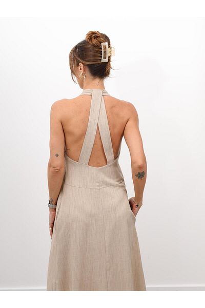 Maldia Shop Women's Cross Back Detail Beige Strap Dress