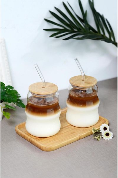 Amentes 2 Pieces Heat Resistant Glass with Straw Bamboo Lid Model Borosilicate Cold and Hot Coffee Cup