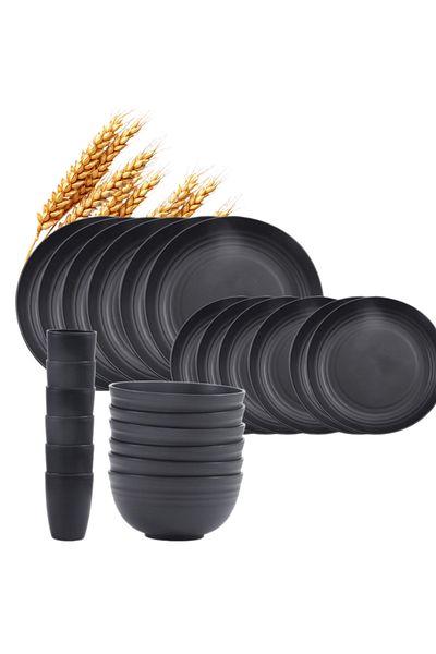 AVYRA 24 Piece Black Wheat Straw Dinnerware Set For 6 People Reusable Durable
