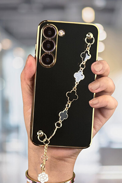 Fibaks Samsung Galaxy S23 Compatible Case Glossy Edge Gold Embroidered Handle Camera Protection Cover