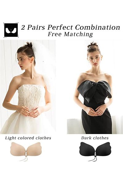 Saharaz 2 Pairs Sticky Bra,Backless Strapless Push up Bras for Women, Reusable,Nude+Black,Suit for C Cup