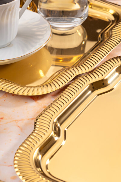 NEWTREND Züccaciye 3-Piece Luxury Edge Line Patterned Gold Daisy Model Stainless Steel Serving, Tea, Coffee Presentation Tray