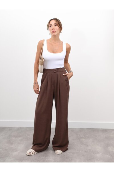 Maldia Shop Women's Elastic Waist Pleated Detail Brown Linen Palazzo Trousers