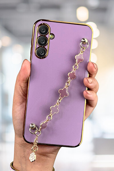 Fibaks Samsung Galaxy A54 Uyumlu Kılıf Parlak Kenarlı Altın İşlemeli Tutamaçlı Kamera Korumalı Kapak