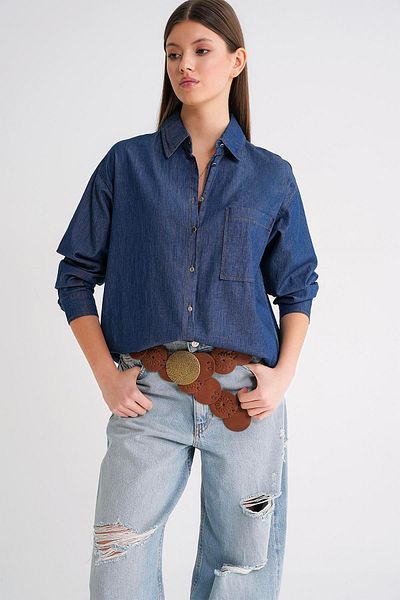 Mixray 4630 Women's Long Sleeve Slim Denim Shirt Navy Blue