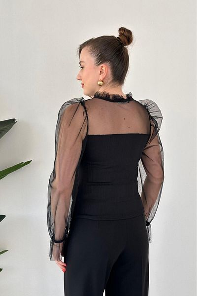MaziButik Tulle Detail Blouse Black