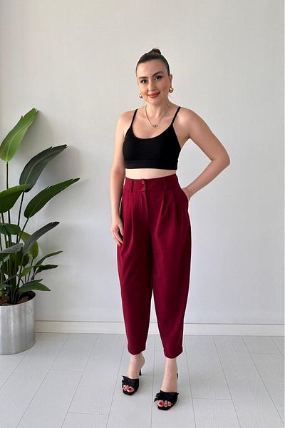 MaziButik Flowy Crepe Trousers Burgundy