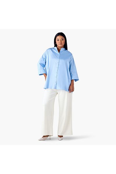 Ulla Popken Plus Size Ulla Popken Shirt with Mandarin Collar and 3/4 Sleeves