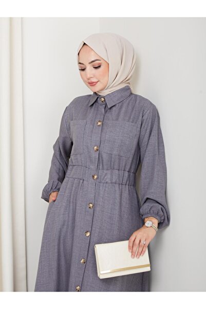 HARMAN BUTİK Γυναικείο φόρεμα με λεπτομέρεια τσέπης με κουμπιά και ζώνη καπνιστό λινό