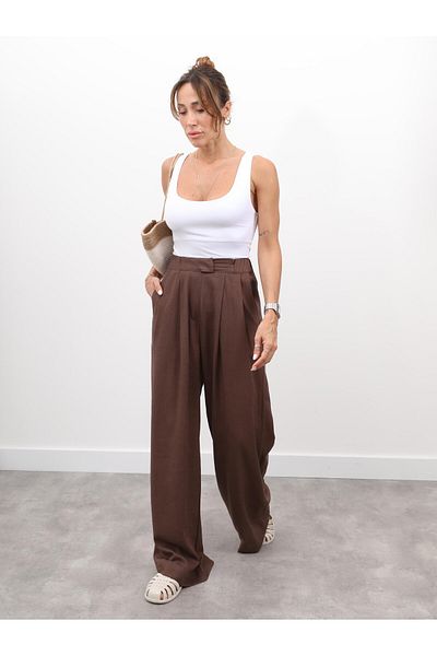 Maldia Shop Women's Elastic Waist Pleated Detail Brown Linen Palazzo Trousers