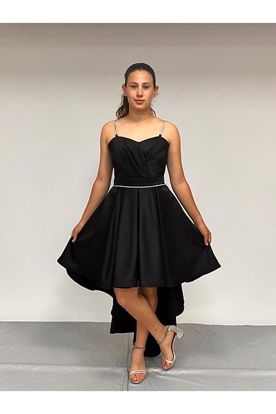 BUTİKHAPPYKİDS Βραδινό φόρεμα για κορίτσια Μαύρη πέτρα με κορδόνι με λαιμόκοψη καρδιά ματ σατέν βραδινό φόρεμα 10-15 ετών