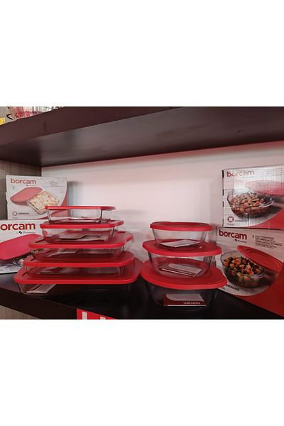 Paşabahçe Red Covered Borcam Dowery Set 16 Pieces (8 Borcam + 8 Covers)