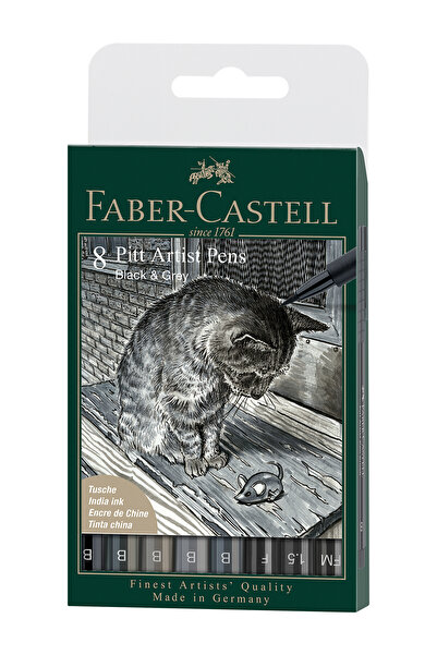 Faber Castell Pitt Artist Pen Fırça Uç 8'li Gri&Siyah Tonlu Kalem Seti, Dağıl...
