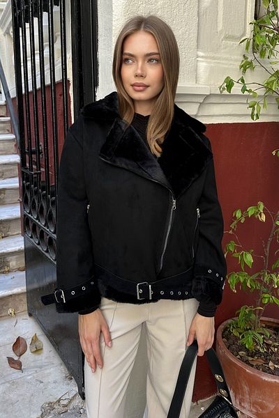 moda armanc Women's Suede Coat with Belt Detail