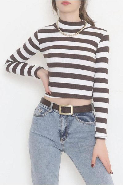 cacobutik Women's Striped Turtleneck Camisole Body Long Sleeve Brown