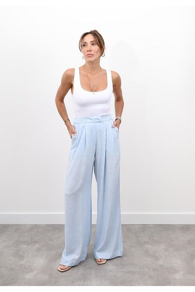 Maldia Shop Women's Elastic Waist Pleated Detail Blue Linen Palazzo Trousers