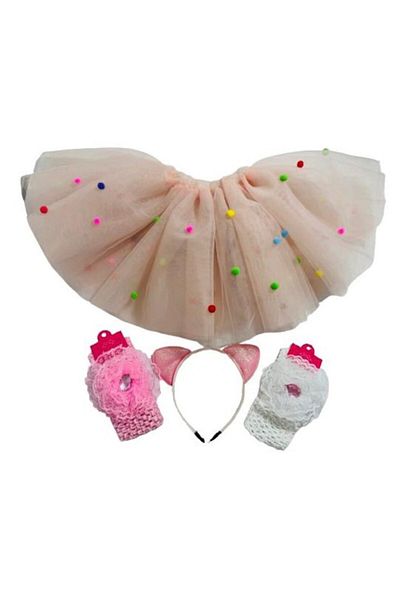 OEM Set fustita tulle moale si fin, roz pudra cu bilute pom-pom si 1 coronita si 2 bentite elastice