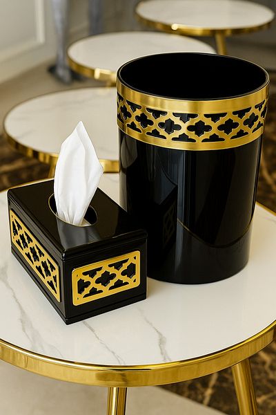 Living Round Acrylic Trash Bin & Rectangular Tissue Box – Black with Golden Design