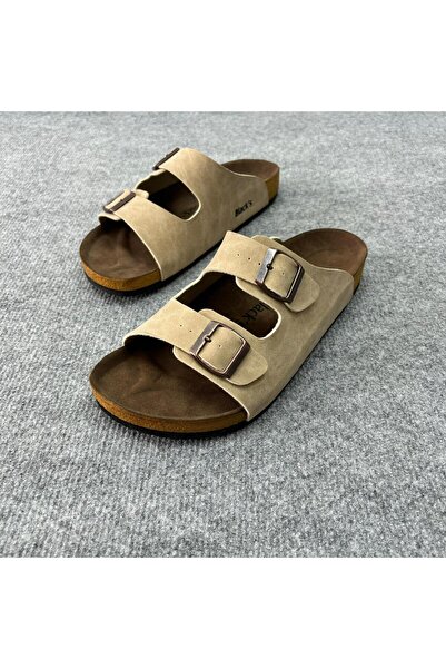CAST COLLECTİON Erkek Bej Doğal Mantar Taban Hakiki Deri Terlik