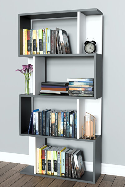 Remaks SCALA 4 RAFLI Kitaplık Kütüphane Hareketli Raflı Dekoratif Kitaplık-BEYAZ/ANTRASİT