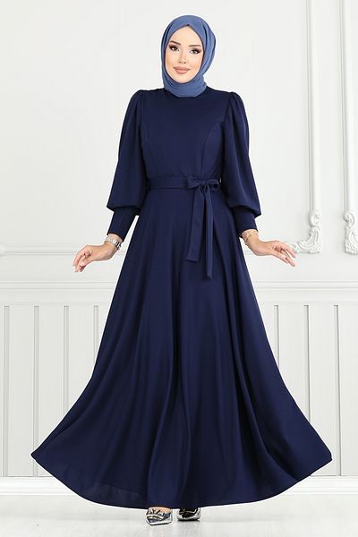 ModaMerve Balloon Sleeve Crepe Dress 4539Alg1079-M Navy